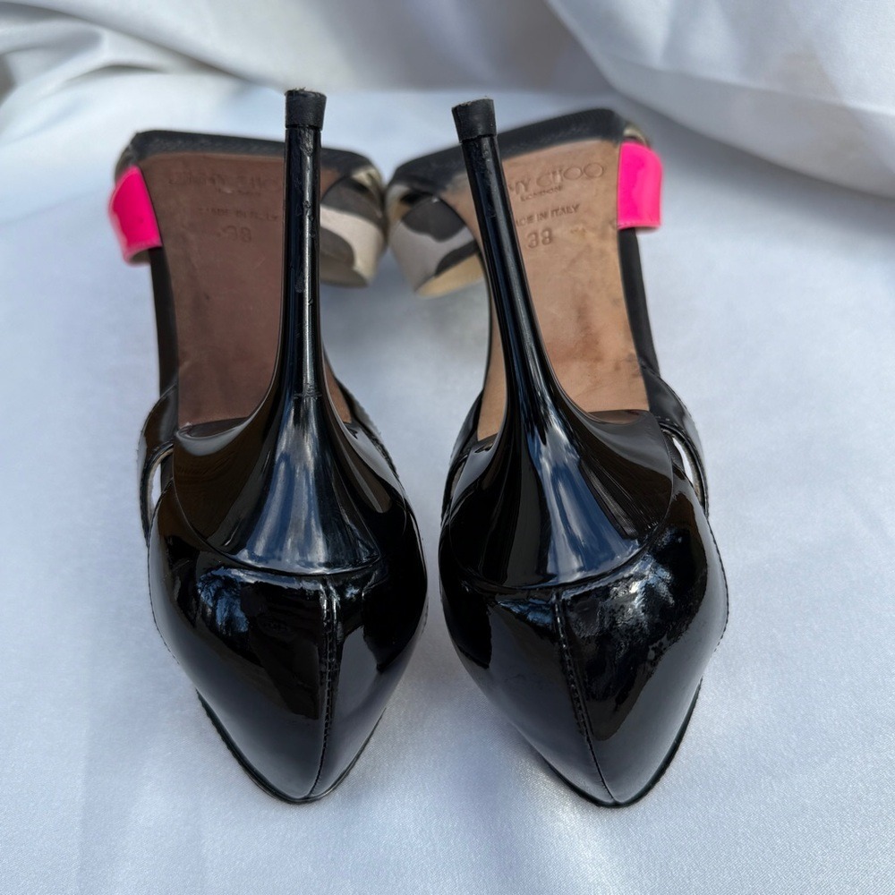 Jimmy Choo Patent Leather Printed D'Orsay Pumps Suede Camo Print Band Size 38 - Picture 6 of 13